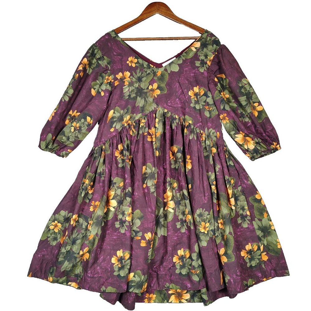 Merlette Dress Women's Medium Purple Floral Print V-Neck Swing Flowy Trapeze